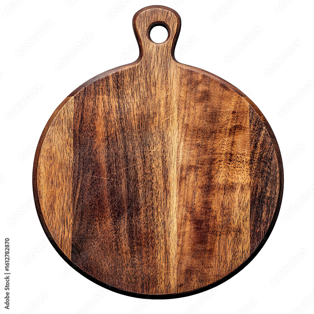 Round wooden cutting board with handle isolated on transparent background Round wooden cutting board with handle isolated on transparent background