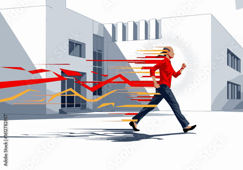 A person runs quickly through a modern urban environment, trailing abstract red and yellow data streams and graphs.