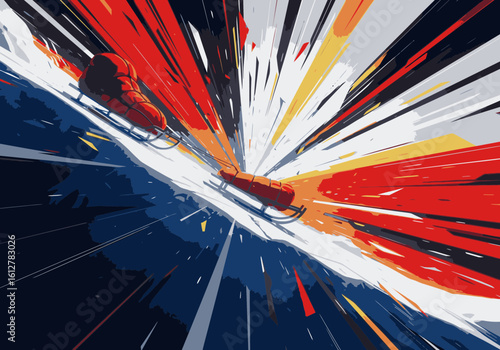 Two bobsleds race down a frozen track at incredible speed in a dynamic, abstract illustration.