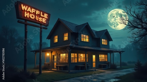 Late night diner scene waffle house photography rural setting atmospheric nighttime vibes
