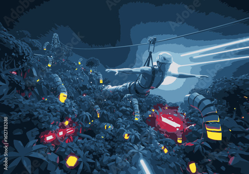 An adventurer ziplines through a dark, futuristic jungle with glowing robotic creatures.