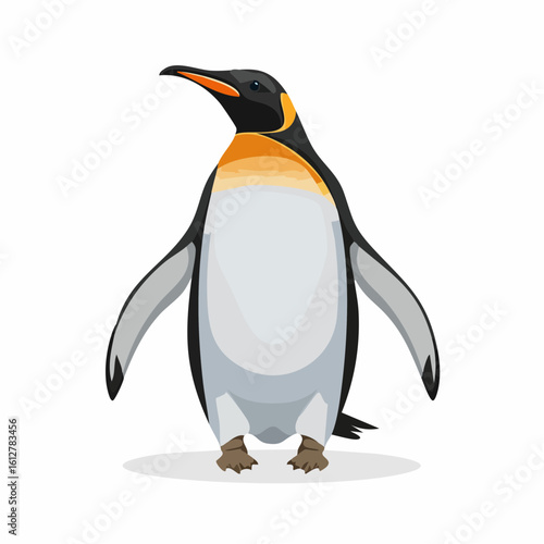 Illustrative depiction of an emperor penguin standing, emphasizing its unique coloration and posture