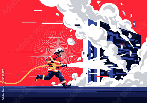 A brave firefighter in full gear runs while spraying water from a hose to extinguish a fire on a burning building.