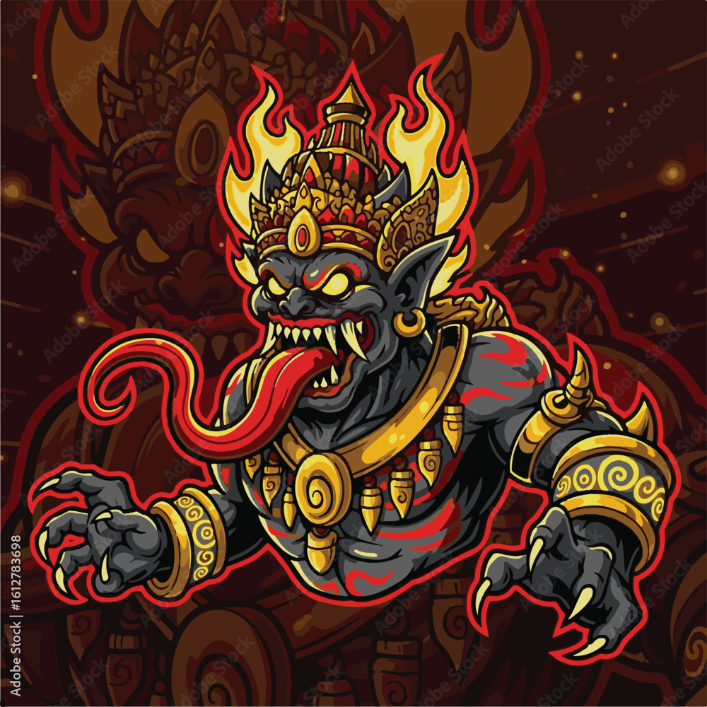Obraz premium Illustration of a Mythical Demon King with Fiery Crown and Piercing Gaze