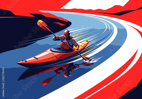 A dynamic illustration of a kayaker paddling swiftly down a winding river.