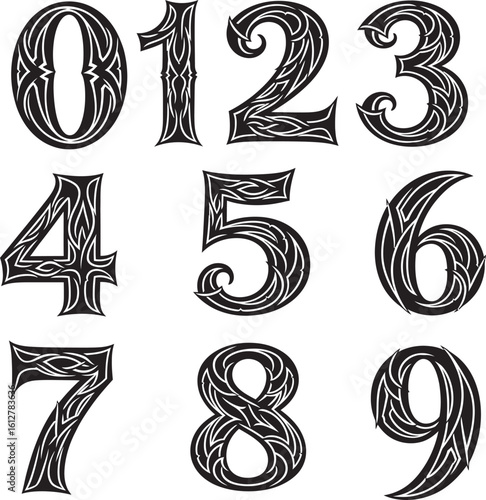 Ornate decorative numerals, zero through nine, styled with Celtic knotwork patterns.