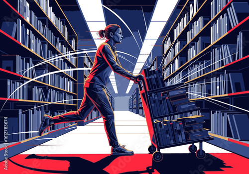 Dynamic illustration of a librarian running through an aisle, pushing a cart of books.