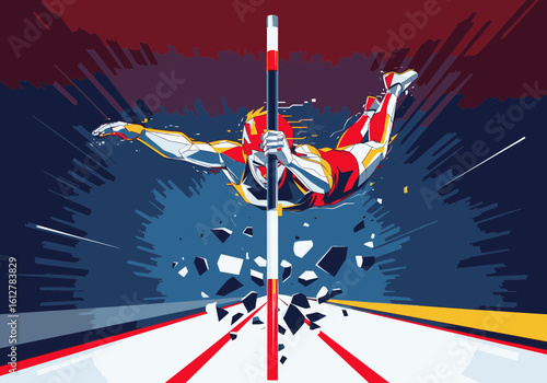 Stylized illustration of a pole vaulter in mid-air, clearing the bar with explosive energy.