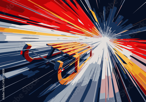 A wooden sled rushes downhill at high speed, creating a dynamic, abstract blur of colorful light.