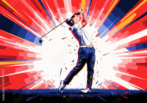 Dynamic illustration of a male golfer executing a powerful swing against an explosive, colorful background.