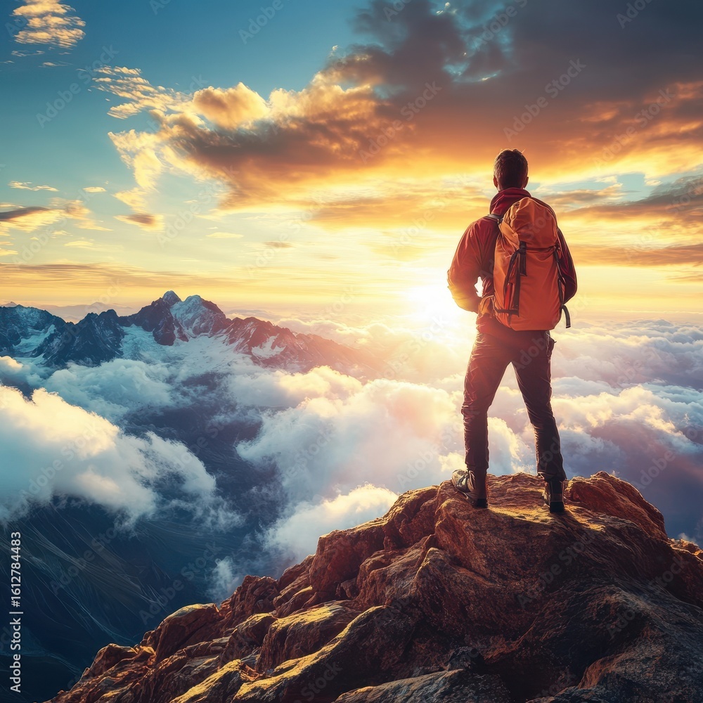Fototapeta premium Man stands atop mountain peak at sunrise
