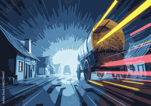 A dynamic illustration of an old-fashioned wagon with a hay bale speeding through a village street.