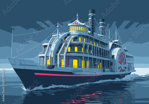 An ornate, multi-deck paddle steamer with glowing windows navigates dark waters under a twilight sky.