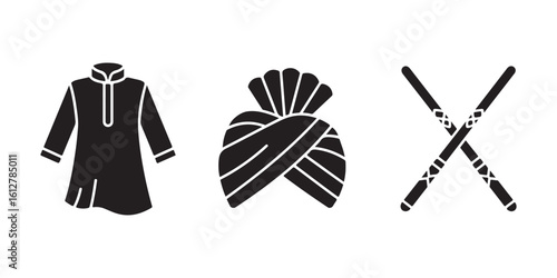 Black Silhouettes of Traditional Indian Attire and Crossed Sticks