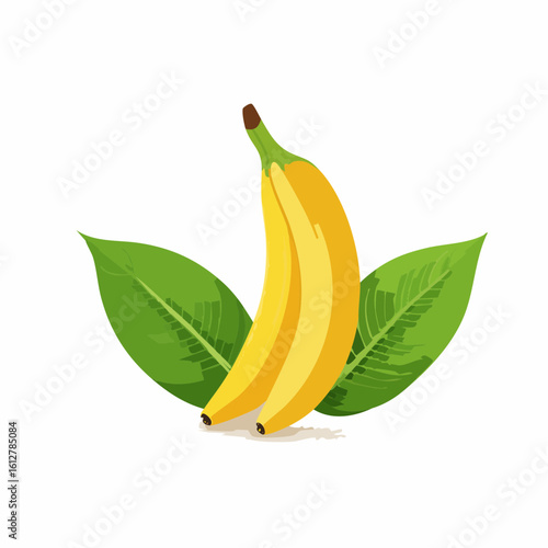 Vibrant yellow banana surrounded by fresh green leaves, presented on a plain background