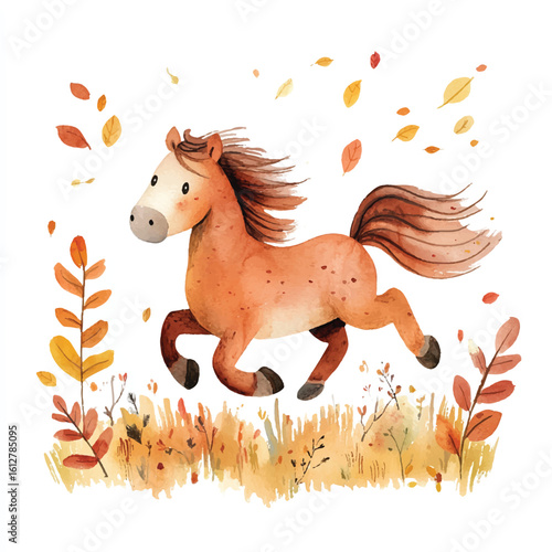 Autumnal Pony in a Watercolor Meadow