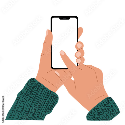 Female Hands holding mobile phone. Fingers touching, scrolling smartphone screen, using applications. Empty screen, phone mockup. Flat vector illustration isolated	
