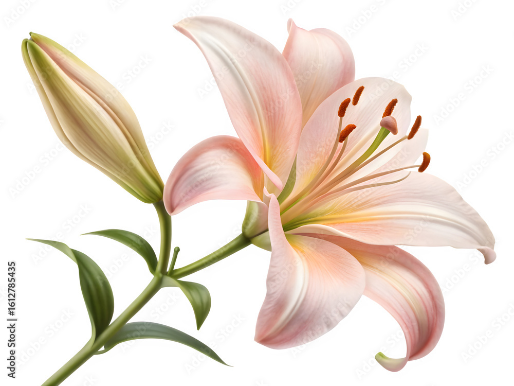 Naklejka premium Delicate pink lily flower with bud on black background