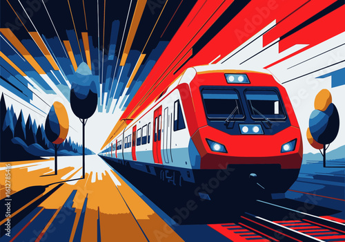 A modern red passenger train speeds through a dynamic, abstract landscape with motion streaks.
