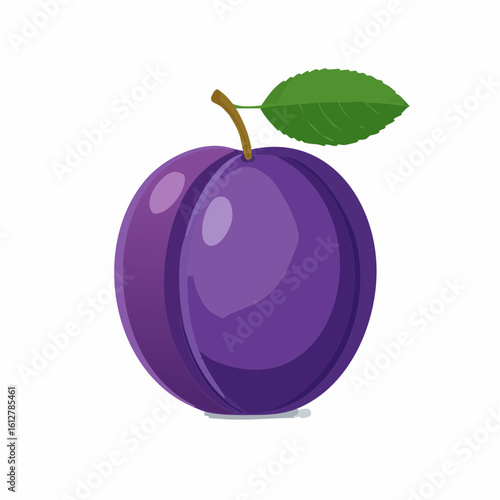 Isolated vibrant plum illustration showcasing its smooth skin and single green leaf