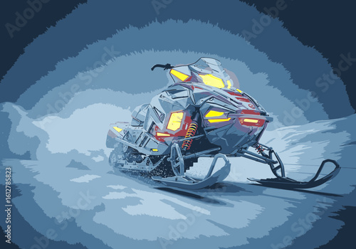 A modern snowmobile with bright yellow headlights on, speeding through a dark, snowy landscape at night.