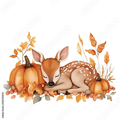 Autumnal Scene with Sleeping Fawn and Pumpkins