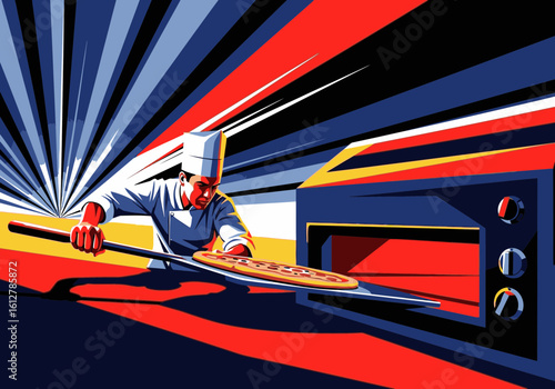 A dynamic, graphic illustration of a professional chef sliding a pizza into a hot, glowing oven.