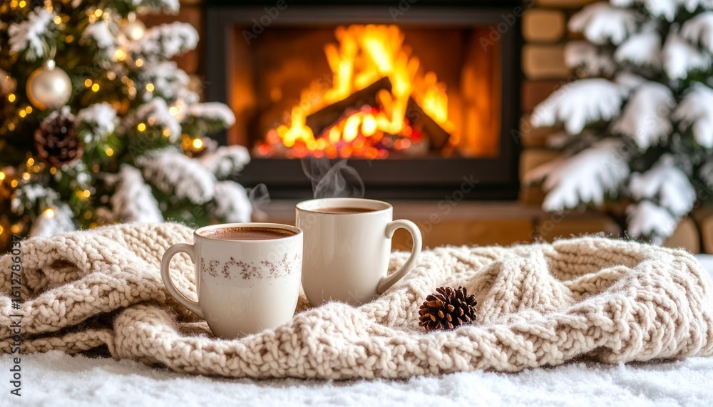 Fototapeta premium Cozy Winter Respite: Two Steaming Mugs on a Knitted Scarf by a Roaring Fireplace.