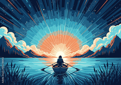 A person rows a small boat across a serene lake toward a radiant sunrise over mountains.