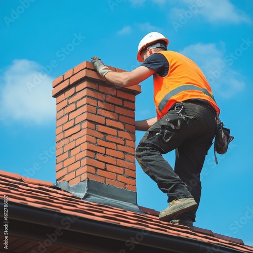 Rooftop chimney work.  Worker in safety gear