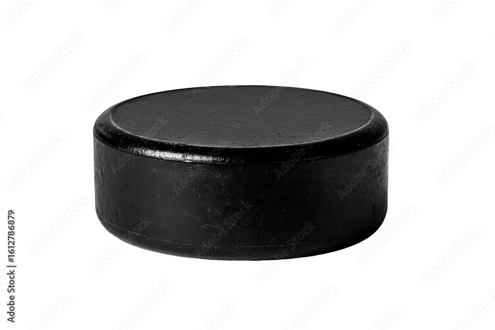 Close-up of a black hockey puck, smooth surface, circular shape,?isolated on black background Close-up of a black hockey puck, smooth surface, circular shape,?isolated on black background