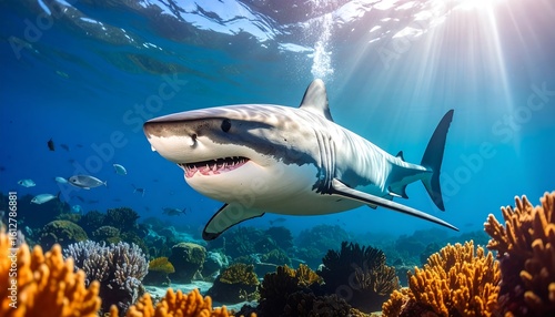 A great white shark swims over a vibrant coral reef, sunlight streams from above
