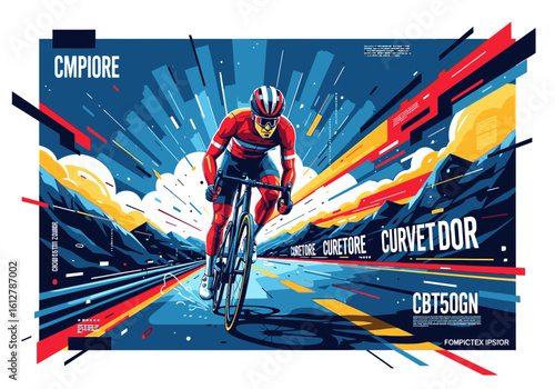 A professional cyclist in red gear speeds down a scenic road in a vibrant, stylized illustration.
