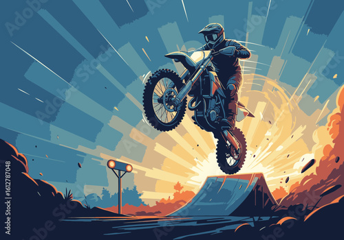 A motocross rider performs a daring jump off a ramp against a radiant, stylized sunset.