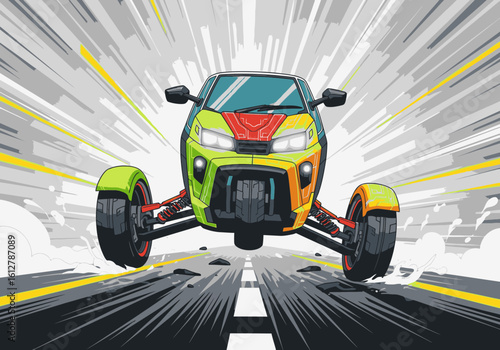 A vibrant, futuristic three-wheeled car races at high speed, bouncing on a cracked road.