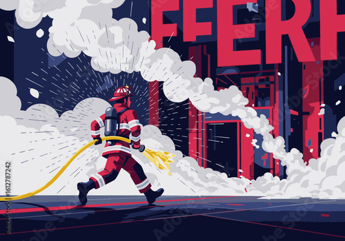 A brave firefighter in red gear rushes to combat a blaze, spraying water amidst thick smoke.