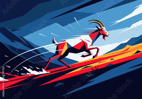 A dynamic, graphic illustration of a red mountain goat running swiftly up a steep, colorful slope.