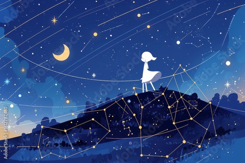 Night sky landscape with Big Dipper and Orion constellations connected by dotted lines, sparse star clusters, and smiling moon character in uniform line weight.