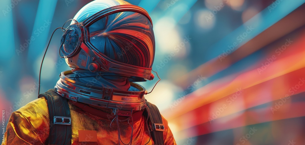Fototapeta premium A futuristic astronaut in an orange suit with a reflective helmet stands against a blurred, vibrant background of blue and red tones.