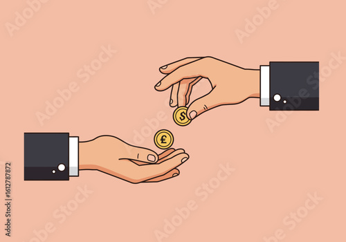 Close-up of a business payment transaction. One hand gives international currency coins to another, symbolizing finance and exchange.