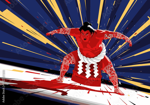 Fierce red sumo wrestler with tattoos in a powerful stance against a dynamic blue and yellow background.