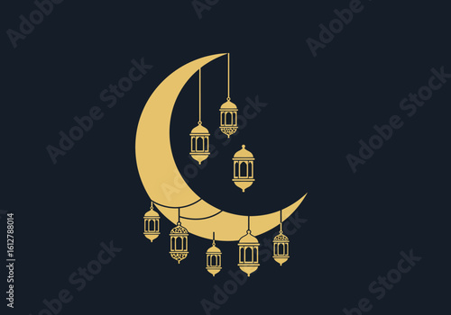 Golden crescent moon with hanging ornamental lanterns, a festive symbol for the Islamic holy month celebration.