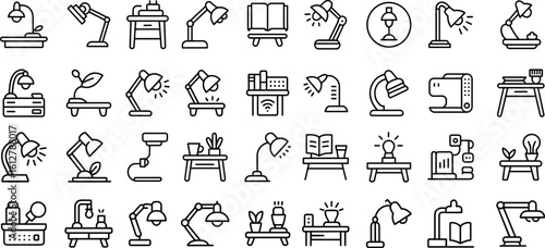 Simple line art lamps icons set, light switch, bulb ,desk lamp, ceiling light, wall lamp,vector illustration