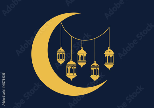 Elegant golden crescent moon with traditional hanging lanterns, an Islamic symbol for holy month celebrations.