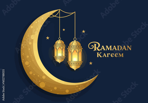 An elegant Ramadan Kareem greeting design featuring a golden crescent moon with hanging illuminated lanterns on a starry night background.