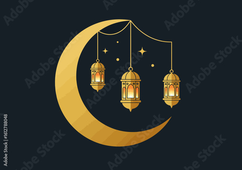 Elegant illustration of a golden crescent moon and glowing oriental lanterns against a night sky. Symbol of Islamic tradition and festive celebration.