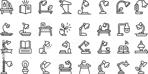 Lighting, lamps line icons set, light switch, bulb ,desk lamp, ceiling light, wall lamp,vector illustration