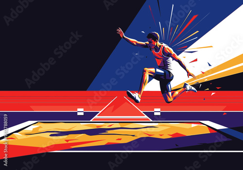 Dynamic illustration of a male athlete in mid-air executing a powerful long jump over a sand pit.