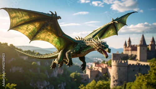 A green dragon soars over a majestic castle, bathed in the golden light of sunset
