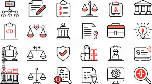 Collection of legal and business icons with red and black accents legal icon justice
